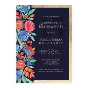 Coral Blue Gold Floral Watercolor Quinceañera