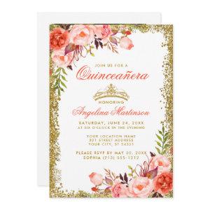 Coral Floral Quinceanera Gold Glitter Photo