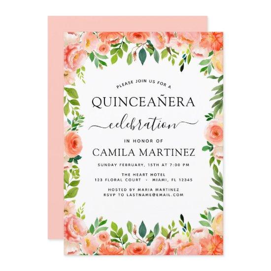 Coral Peach Floral Quinceañera Greenery