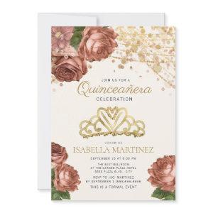 Coral Pink Floral Gold Glitter Quinceañera   Invit