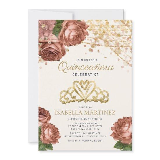 Coral Pink Floral Gold Glitter Quinceañera   Invit