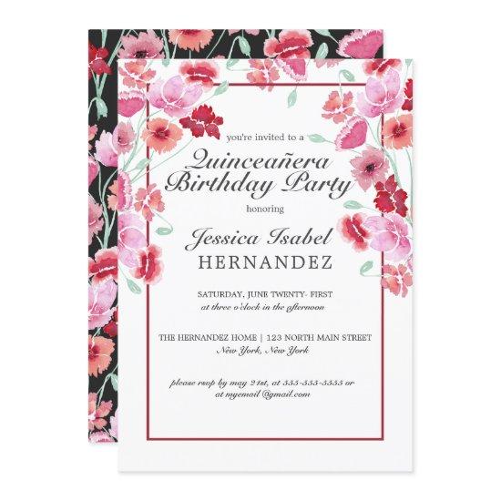 Coral Pink Floral Watercolor Quinceañera Birthday