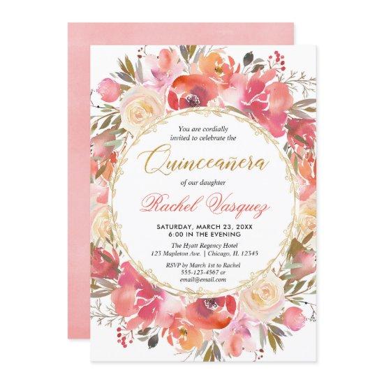 Coral pink gold garden theme Quinceanera