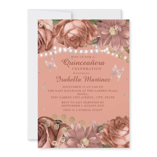 Coral Silver Butterflies Quinceañera