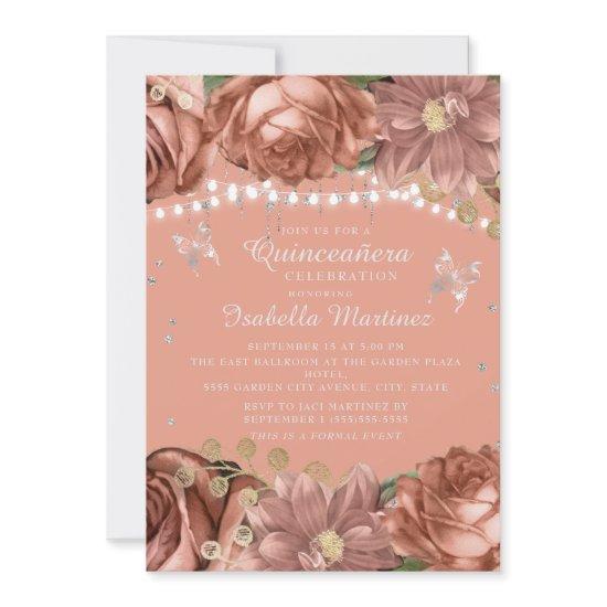 Coral Silver Butterflies Quinceañera
