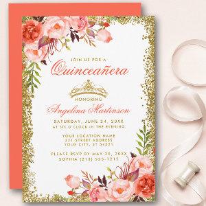 Coral Watercolor Floral Quinceanera Gold Glitter