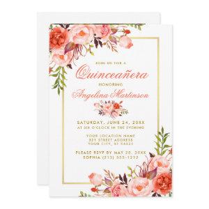 Coral Watercolor Floral Quinceanera Gold Photo