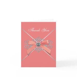 Coral White Diamonds Coral Bow Thank You Cards