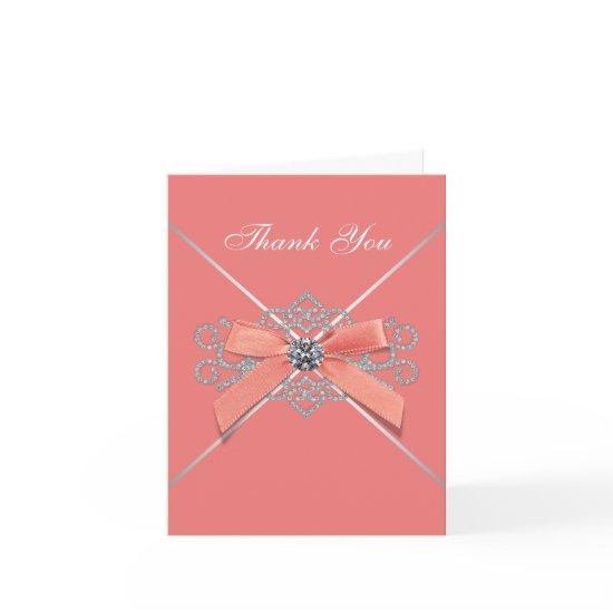 Coral White Diamonds Coral Bow Thank You Cards