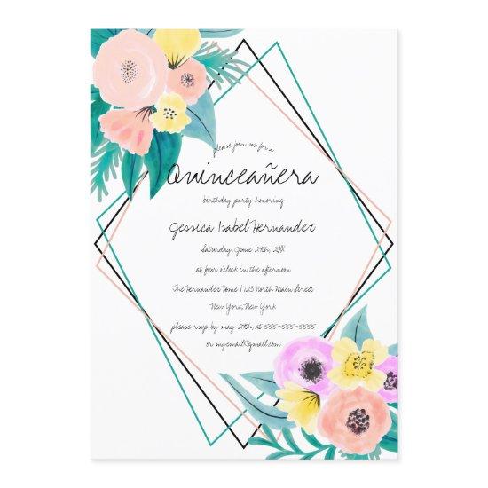 Coral Yellow Floral Watercolor Frame Quinceañera