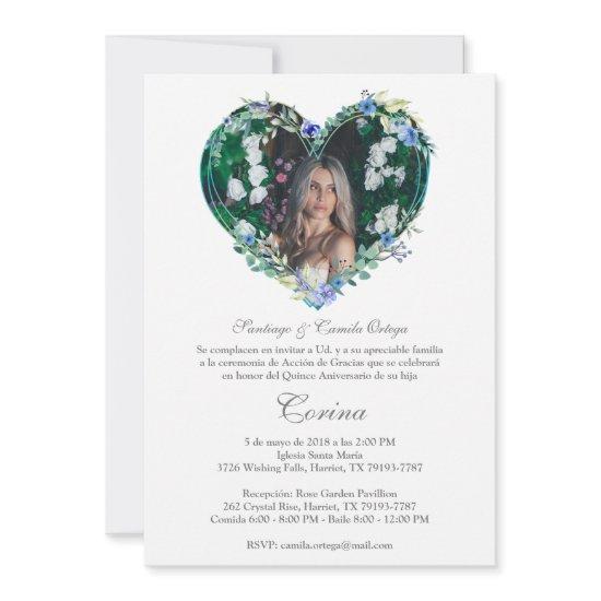 Corazón Floral en Azul con Foto de Quinceañera