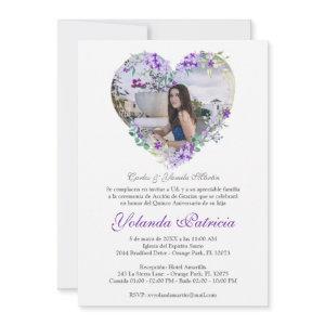 Corazón Floral en Morado con Foto de Quinceañera