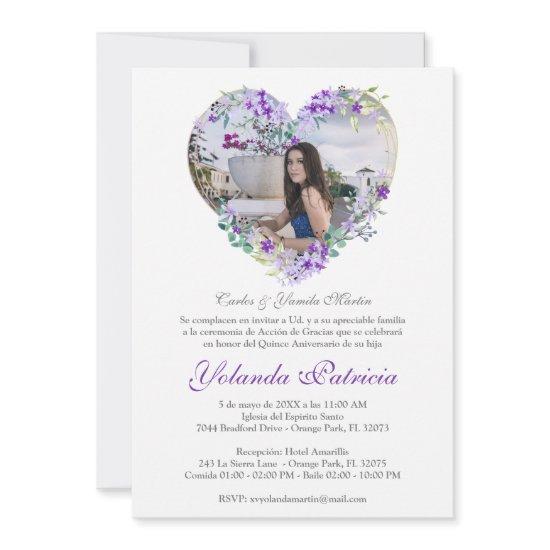 Corazón Floral en Morado con Foto de Quinceañera