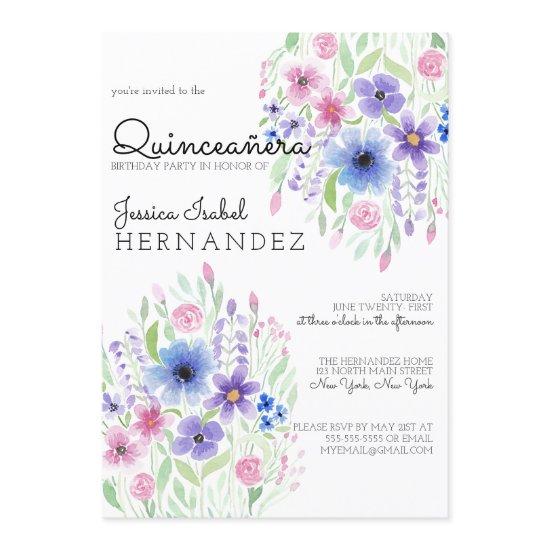 Country Pink Purple Floral Watercolor Quinceañera