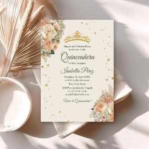 Cream Peach Floral and Gold Tiara Quinceanera
