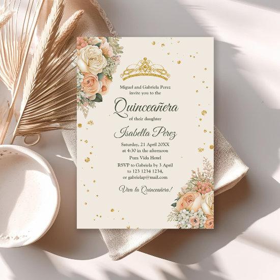 Cream Peach Floral and Gold Tiara Quinceanera