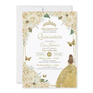 Cream White Gold Floral Butterfly Rose Quinceanera