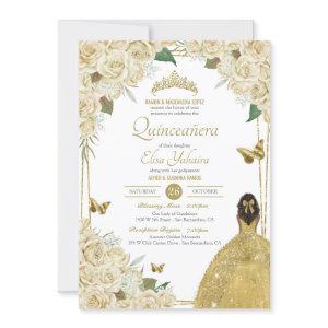 Cream White Gold Floral Butterfly Rose Quinceanera