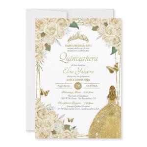Cream White Gold Floral Butterfly Rose Quinceanera
