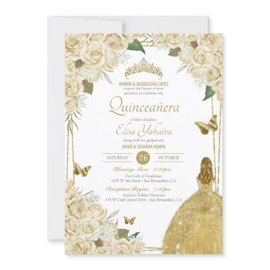 Cream White Gold Floral Butterfly Rose Quinceanera