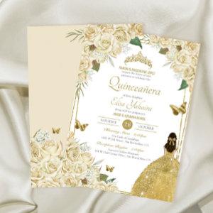 Cream White Gold Floral Butterfly Rose Quinceanera
