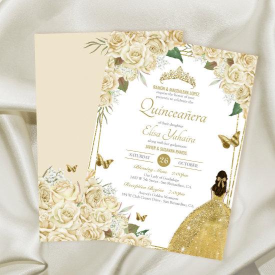 Cream White Gold Floral Butterfly Rose Quinceanera