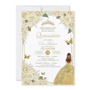 Cream White Gold Floral Butterfly Rose Quinceanera