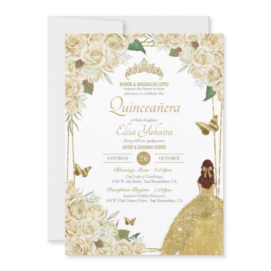 Cream White Gold Floral Butterfly Rose Quinceanera