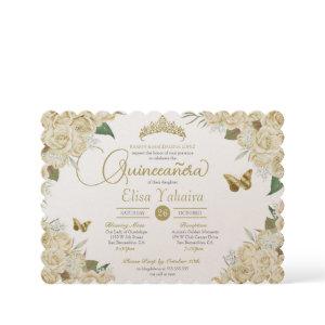 Cream White Gold Rose Floral Butterfly Quinceanera