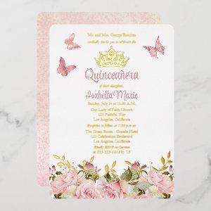 Crown | Butterflies Pink Rose Floral Quinceañera  Foil