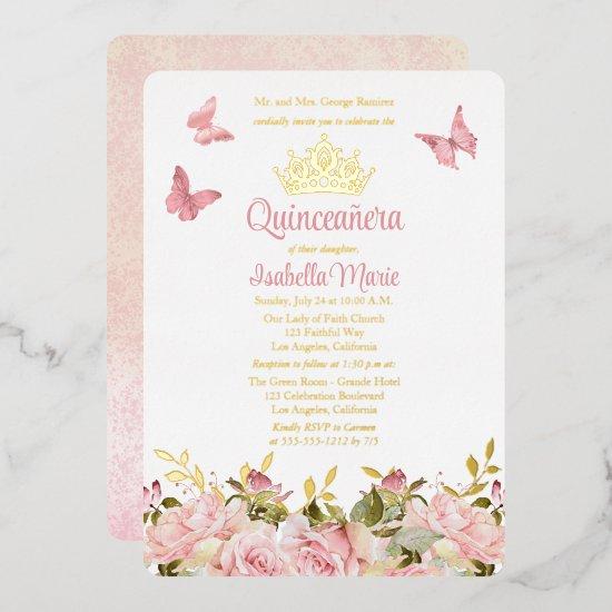 Crown | Butterflies Pink Rose Floral Quinceañera  Foil