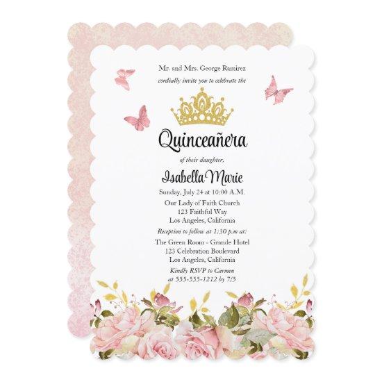 Crown | Butterflies Pink Rose Floral Quinceañera