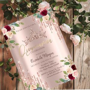 Crown Drop,Burgundy Roses Rose Gold Quinceañera