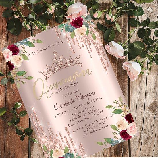 Crown Drop,Burgundy Roses Rose Gold Quinceañera