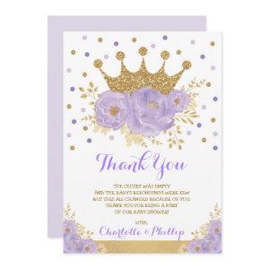Crown Princess Baby Shower Purple Gold Floral Thank You Card