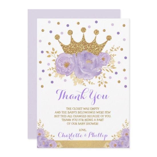 Crown Princess Baby Shower Purple Gold Floral Thank You Card