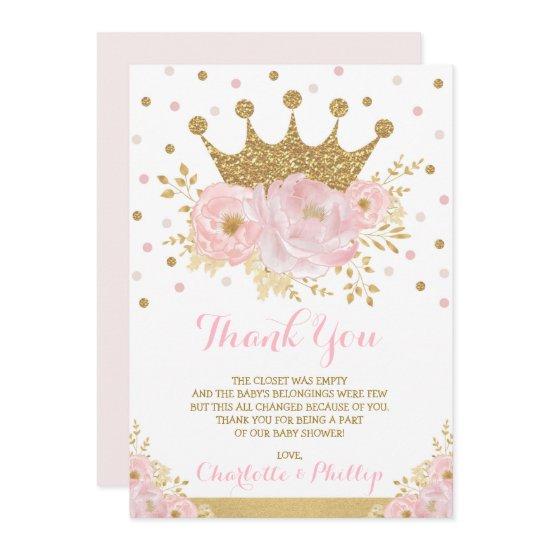 Crown Princess Baby Shower Royal Blush Gold Floral Thank You Card