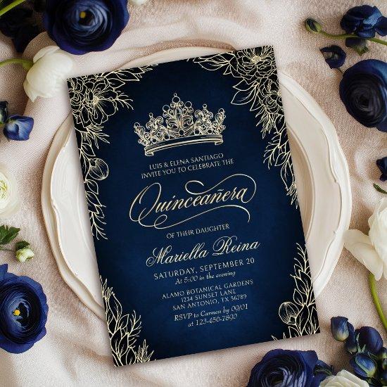 Crown Tiara Navy Gold Quinceañera
