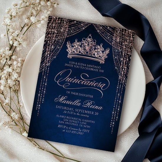 Crown Tiara Navy Rose Gold Quinceañera