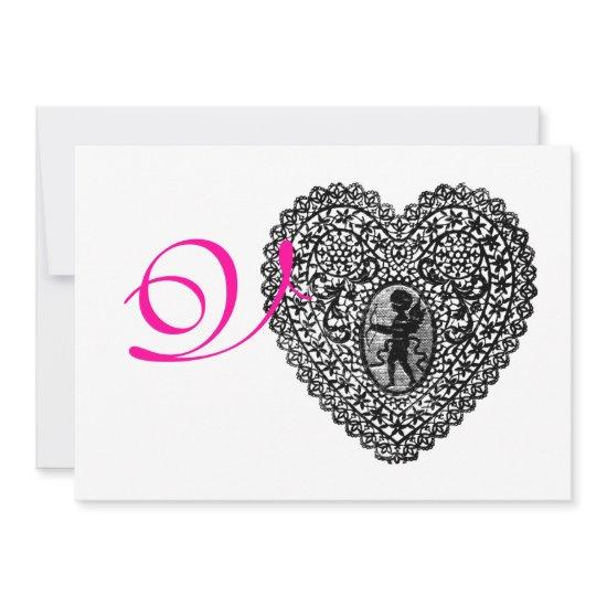 CUPID LACE HEART MONOGRAM,pink fuchsia Announcement