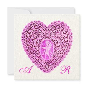 CUPID LACE HEART MONOGRAM, pink fuchsia felt paper Announcement