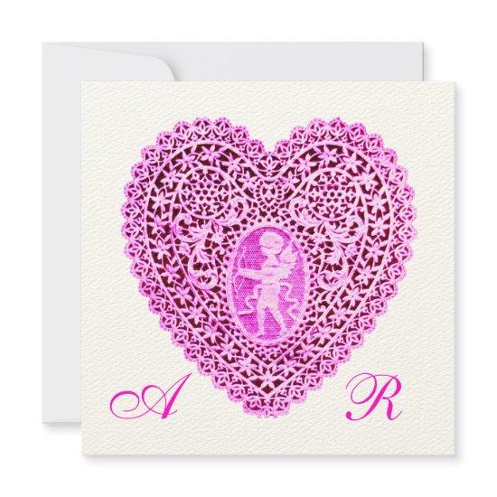 CUPID LACE HEART MONOGRAM, pink fuchsia felt paper Announcement