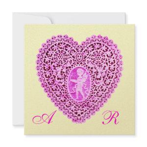 CUPID LACE HEART MONOGRAM, pink fuchsia gold Announcement