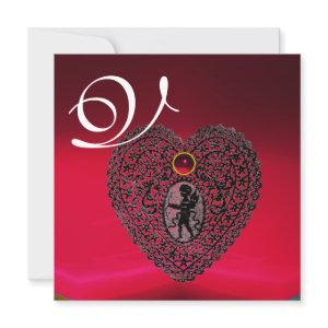 CUPID LACE HEART MONOGRAM, red burgundy black Announcement