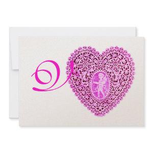 CUPID LACE HEART MONOGRAM, red fuchsia champagne Announcement