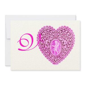 CUPID LACE HEART MONOGRAM, red fuchsia felt paper Announcement