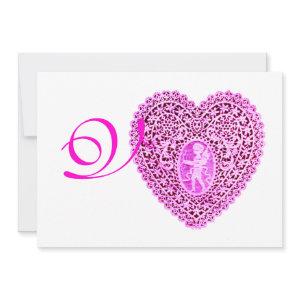 CUPID LACE HEART MONOGRAM, red fuchsia gold Announcement