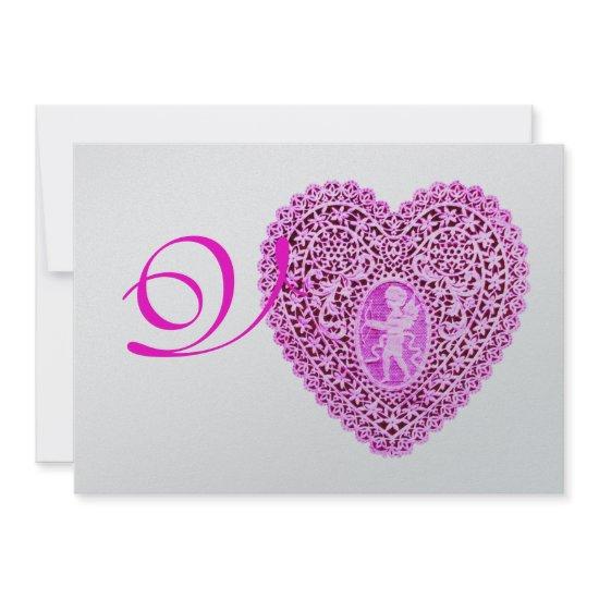 CUPID LACE HEART MONOGRAM, red fuchsia silver Announcement