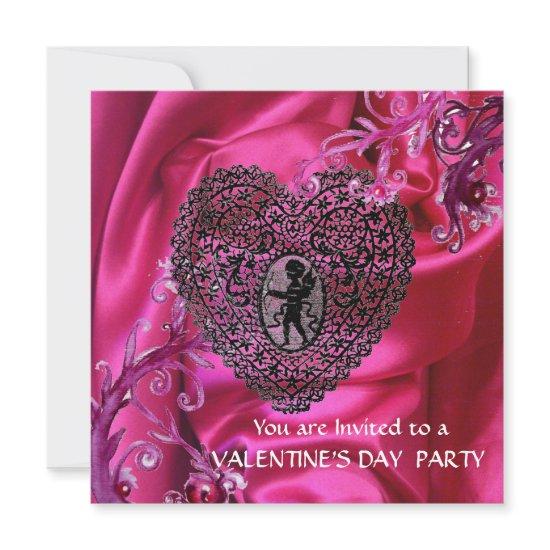 CUPID LACE HEART ON PINK FUCHSIA SILK CLOTH