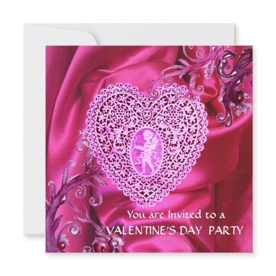 CUPID LACE HEART ON PINK FUCHSIA SILK CLOTH